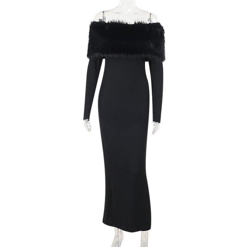 Autumn Maxi Dress Elegant off Shoulder Fur Collar Slim Fit Dress Women Black