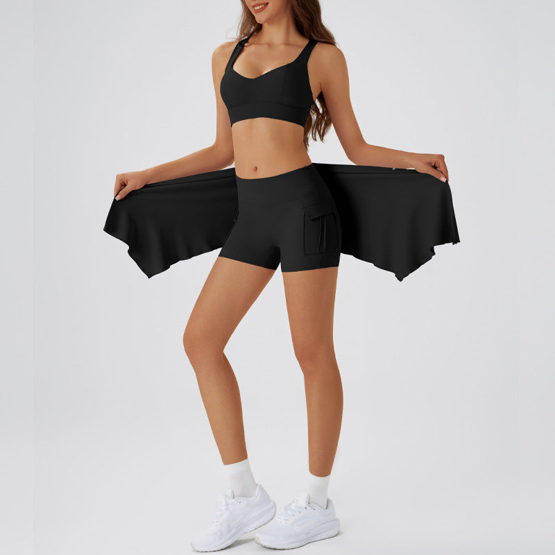 Spring Nude Feel Slim Fit Yoga Wear Tight Curtain Yoga Exercise Removable Gather Thin Bra Bra Shorts with Curtain Black