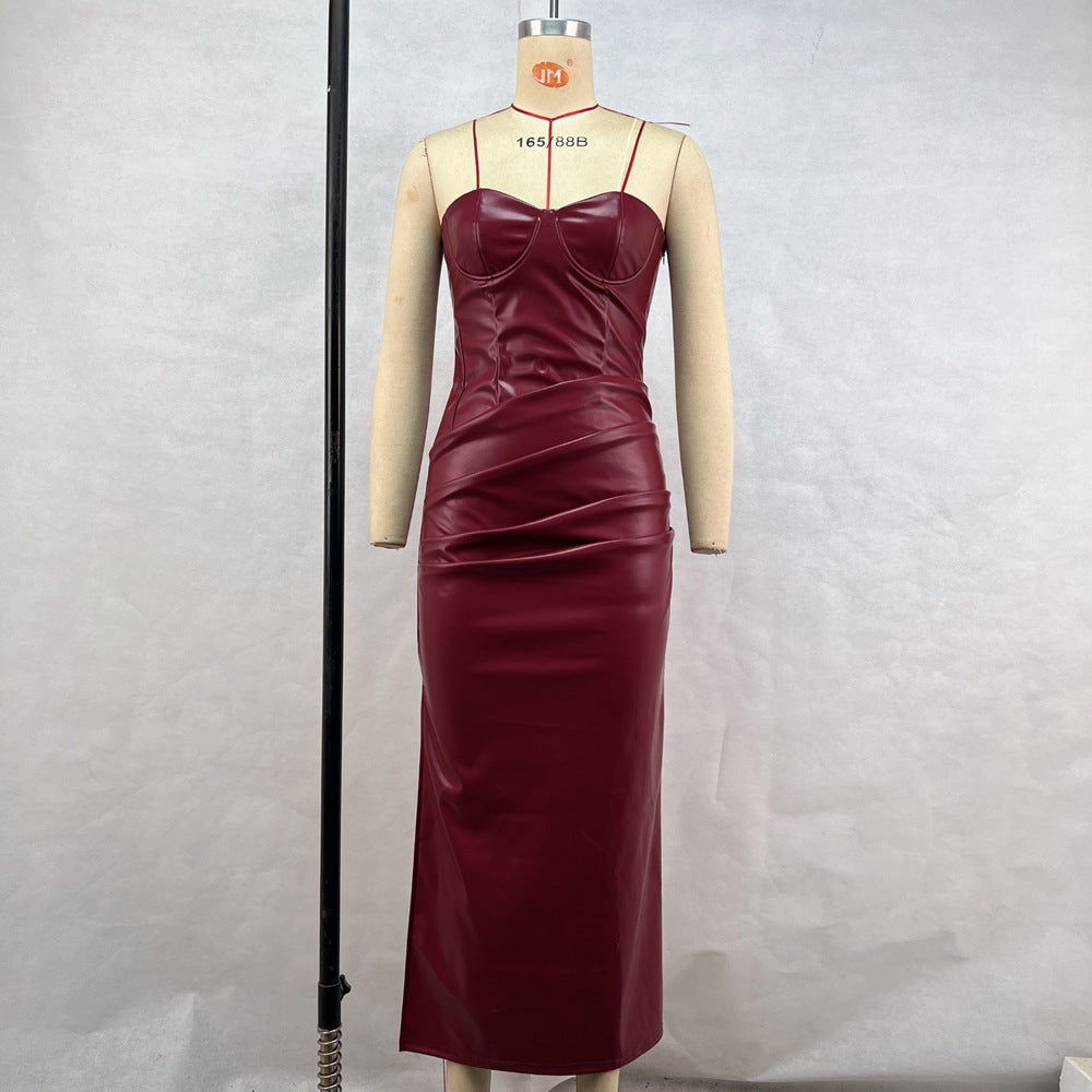 Women Clothing Elegant Faux Leather Sexy Tube Top Strap Fold Split Dress Burgundy