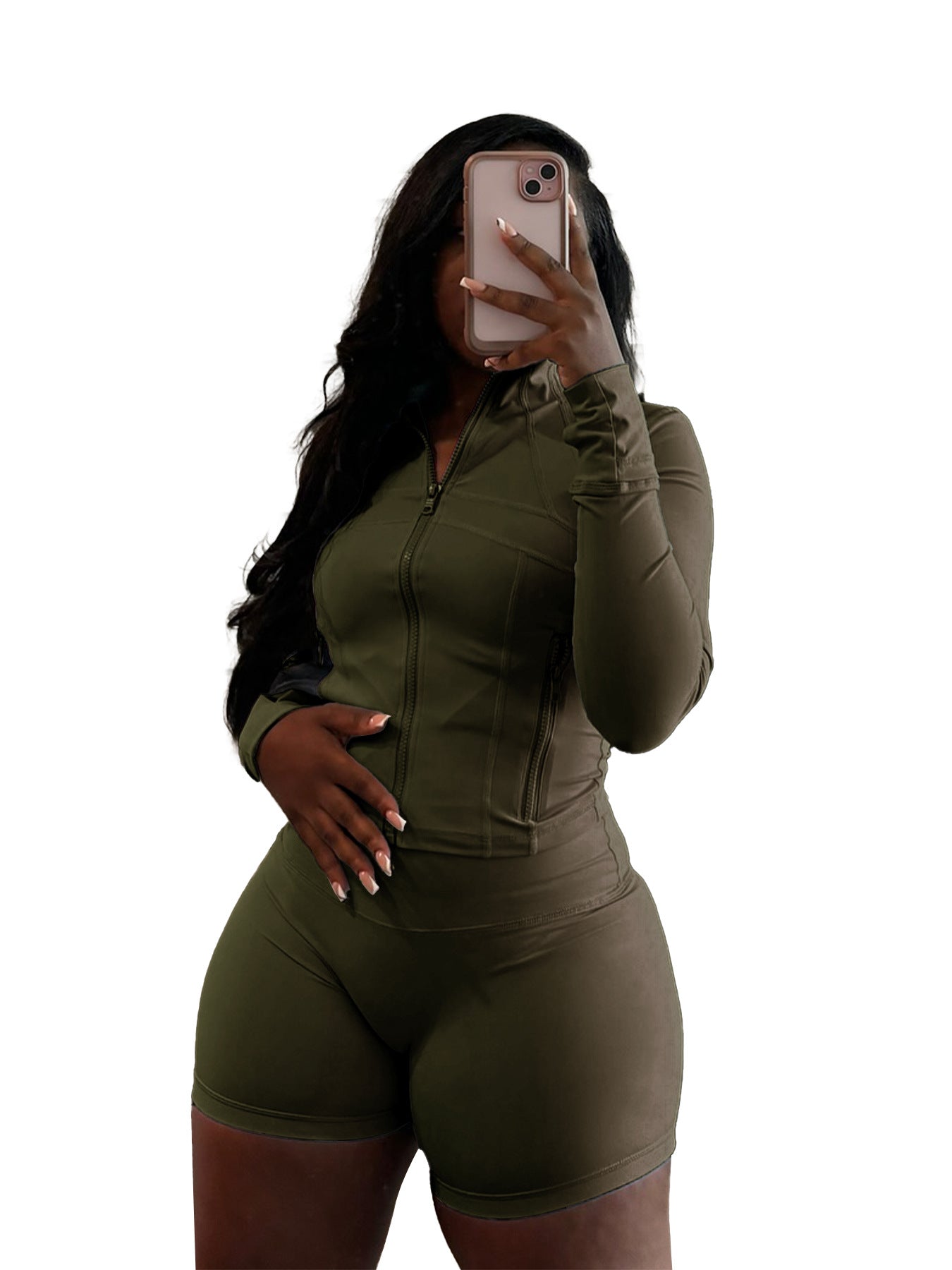 Spring Sports Casual Sexy Tight Long Sleeve Shorts Two Piece Set Olive Green