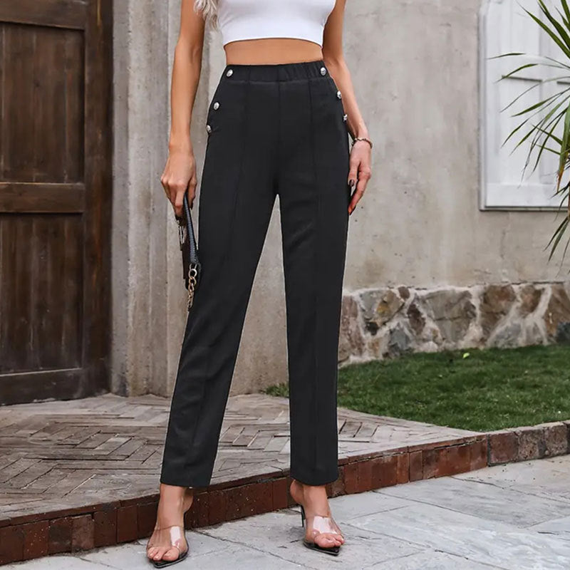 Women Stretch Slim Fit Buttoned Decorative Casual Pants Women High Waist Stitching Pants Trousers