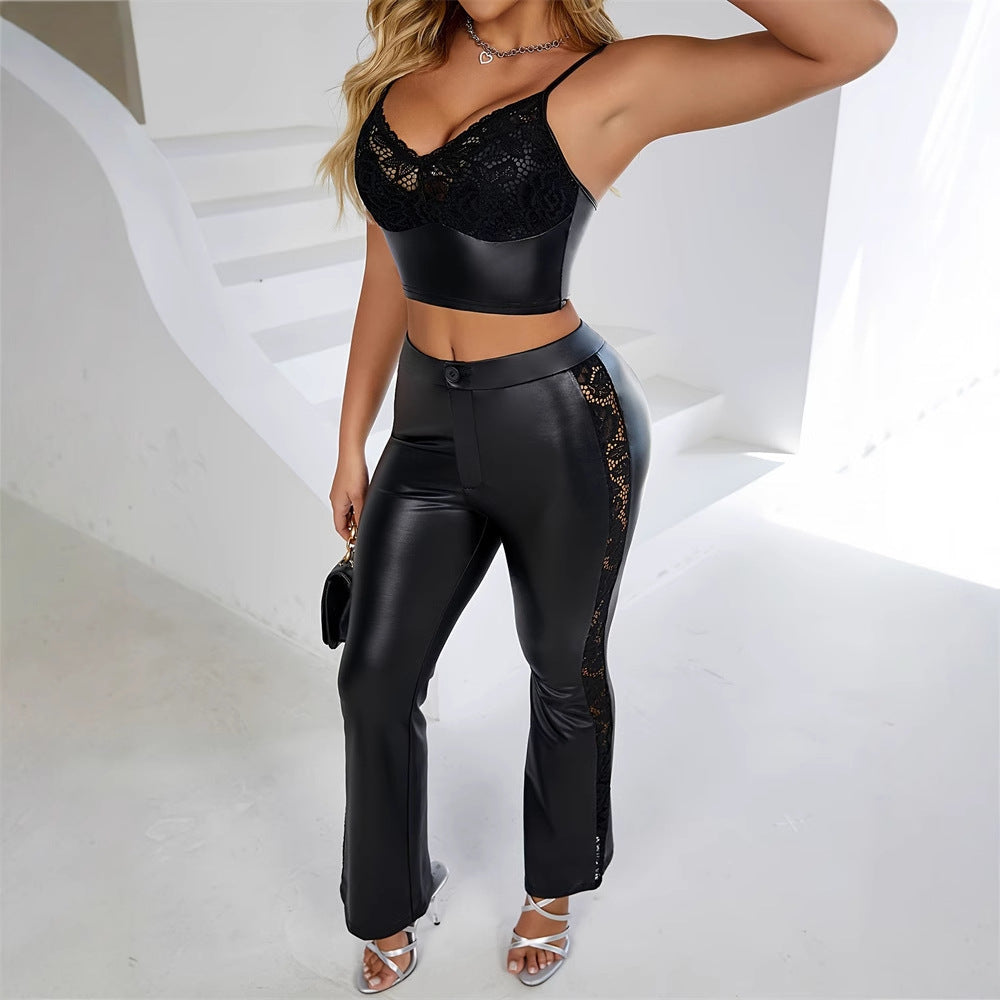 Women Elegant Sexy Low Cut Stitching Lace Imitation Faux Leather Slim Fit Stretch Trousers Two Piece Set