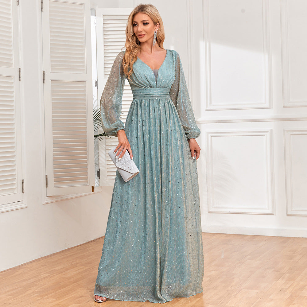 Women Clothes Shiny Pleated Elastic Sheer Long Sleeve V neck Swing Dress Fully Lined Elegant Evening Dress Light Green