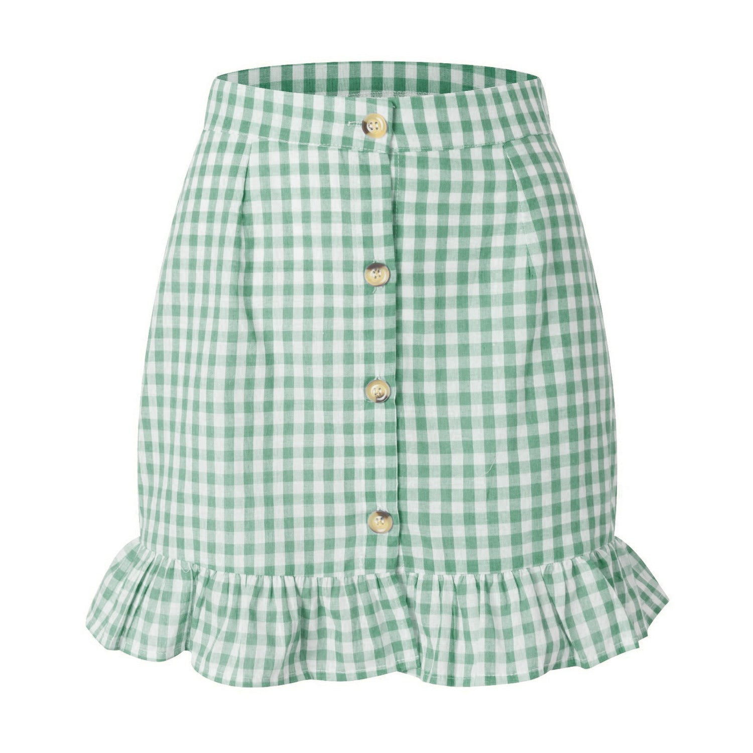 Summer Women Clothing Plaid Lotus Leaf Skirt High Waist Single Row Button Small Plaid Skirt for Women