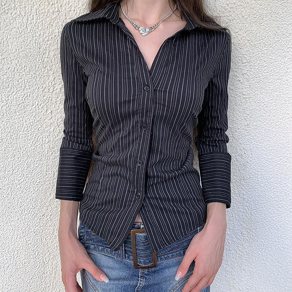 Spring Summer Casual Slim Fit Office Black White Stripes Contrast Color Long Sleeve Tops Shirt Women