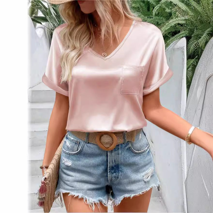 Women Satin V neck Pocket T shirt Curling Short Sleeve Loose Casual Top