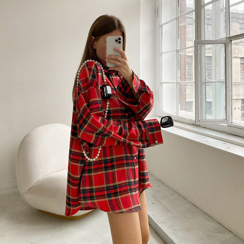 Spring Plaid Shirt Women Trend Retro Plaid Top Baggy Coat Women Multi