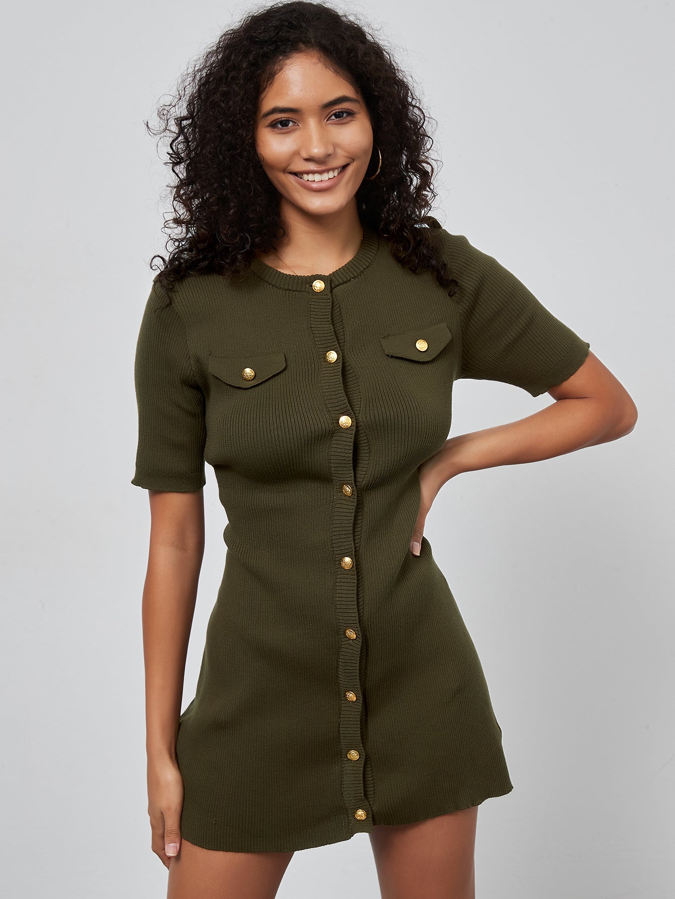 Women Clothing round Neck Single Breasted Army Green Knitted Dress Hip Dress Army Green