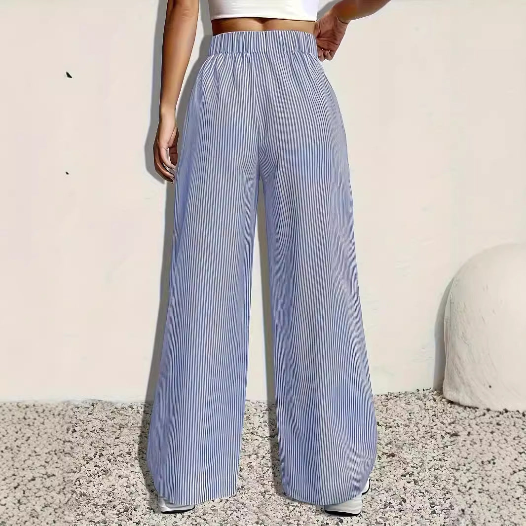 Women Clothing Spring Summer Stripes Printed Elastic Waist Front Pocket Casual Loose Wide Leg Pants