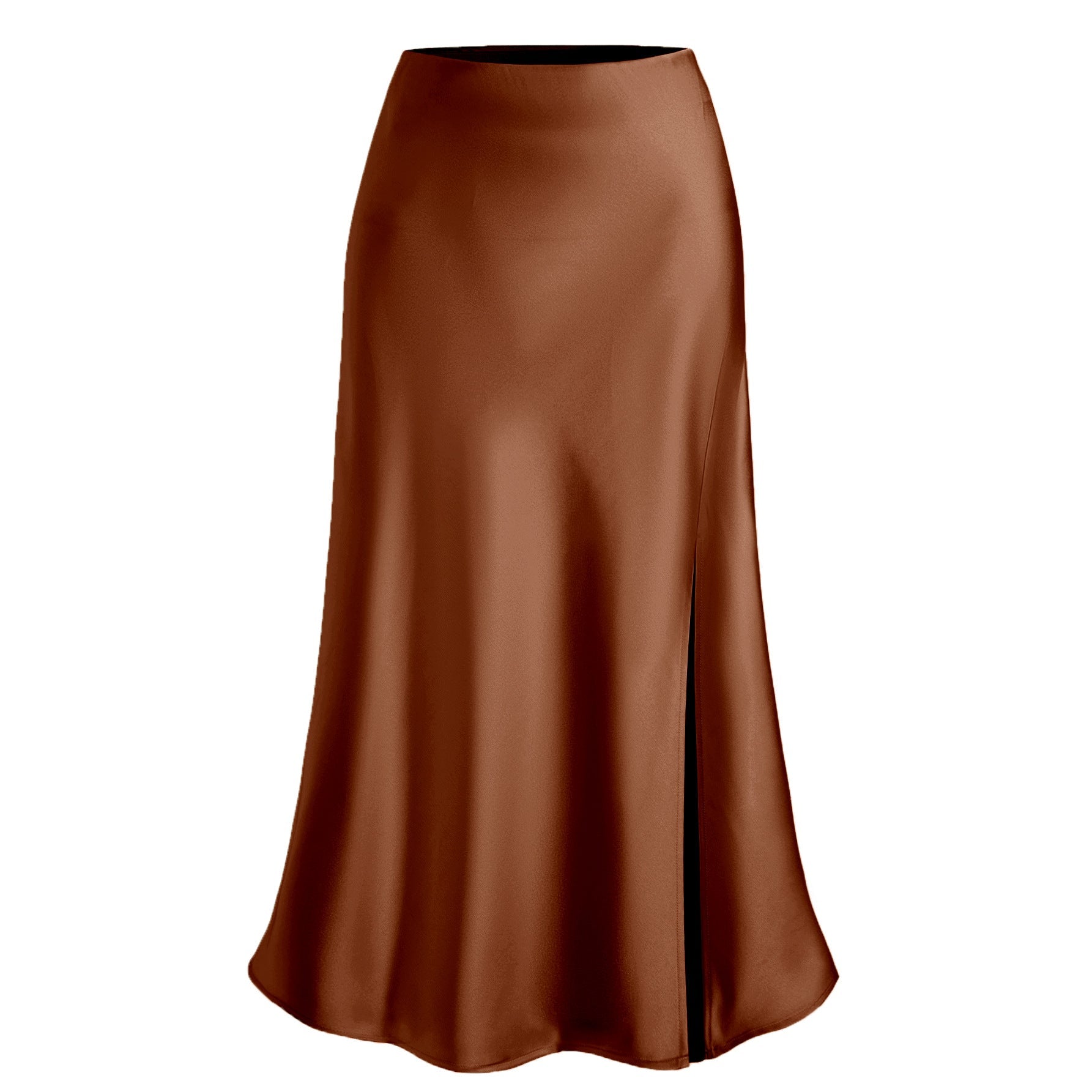 Women Clothing Satin Skirt High Waist Elastic Oblique Slit Long Skirt Sexy Hip Skirt Brown