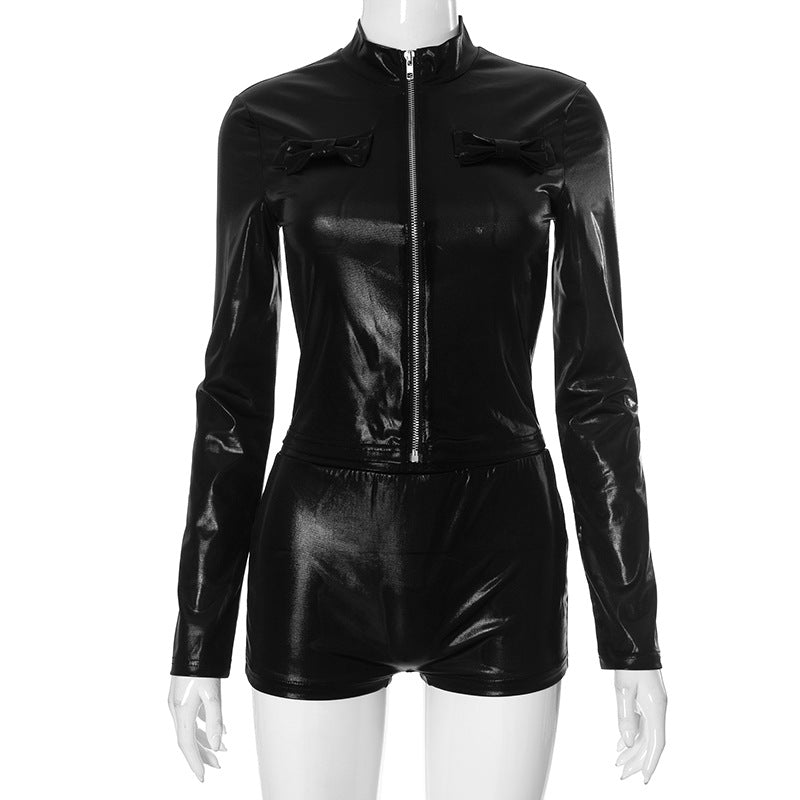 Women Clothing Autumn Winter Bow Jacket Zipper Leather Coat High Waist Tight Shorts Suit Black