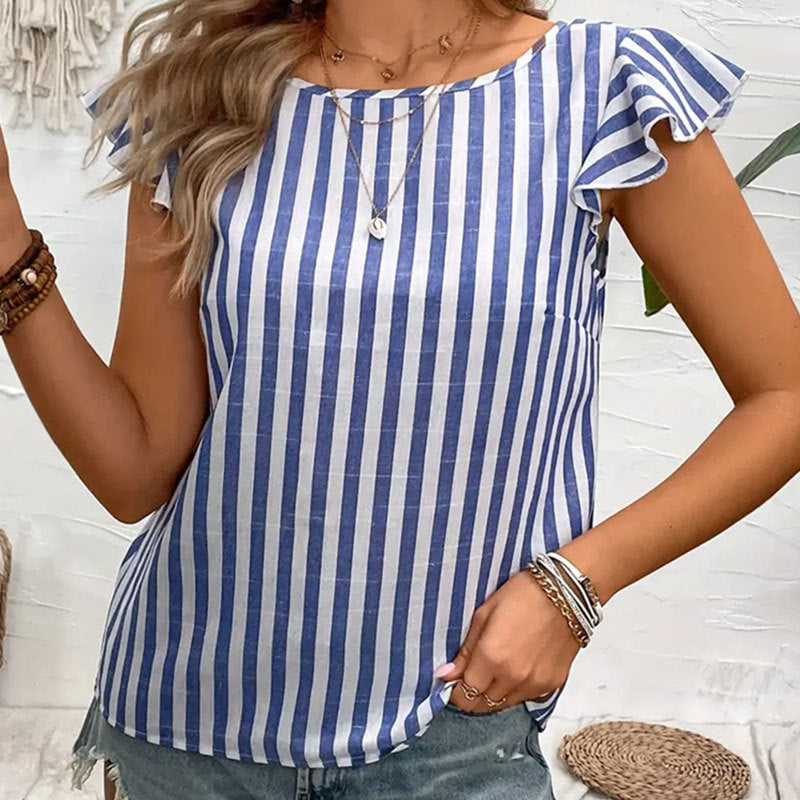 Women Striped V neck Back Decorative Buttons Flying Sleeves Sleeveless Top Women Loose T shirt Spring Summer