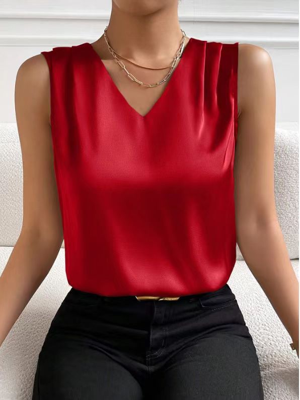 Women Satin Tank Top Office Vest Bottoming Top Burgundy