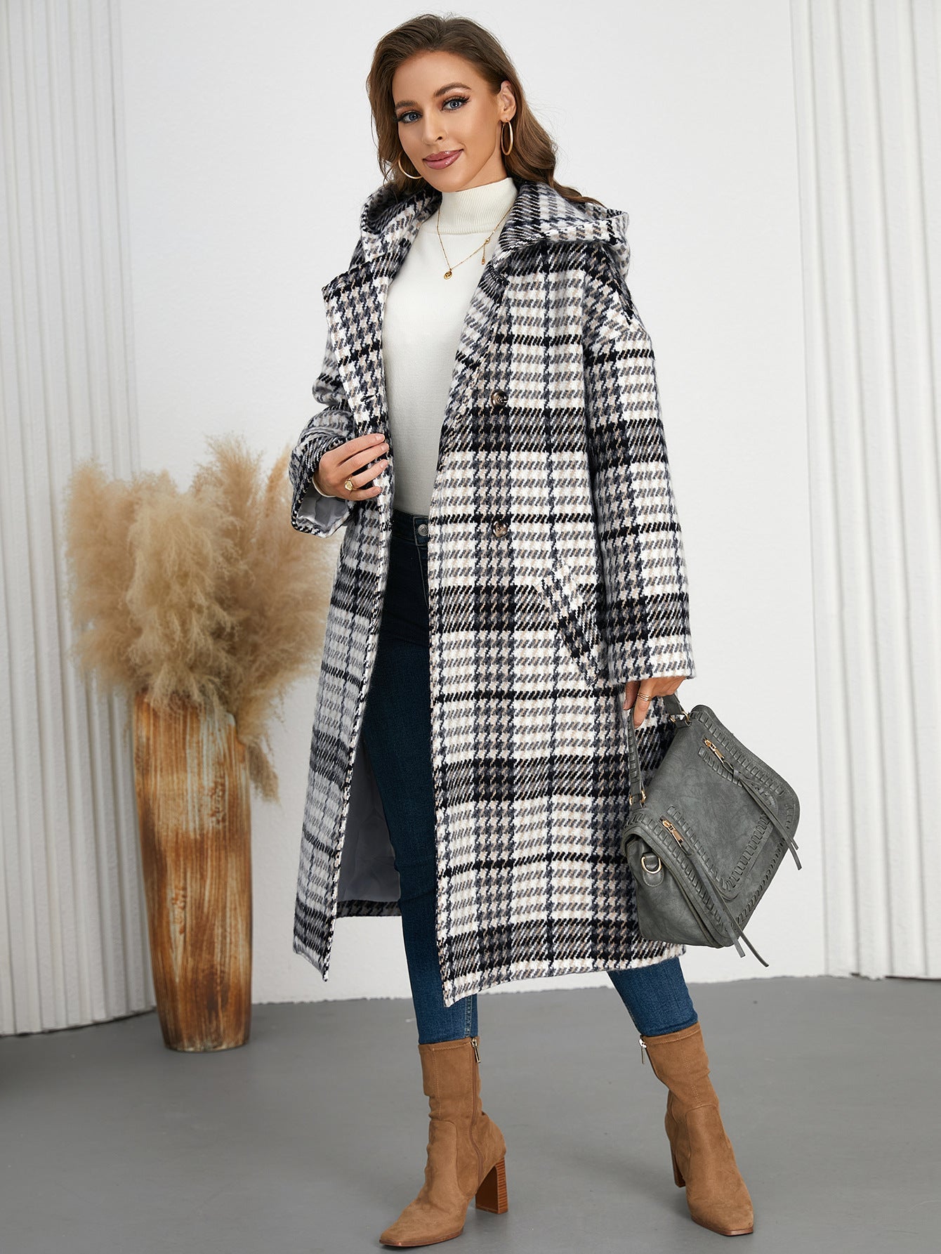 Winter Women Clothing Polo Collar Hooded Plaid Long Coat High Grade Double Breasted Overcoat Black And White