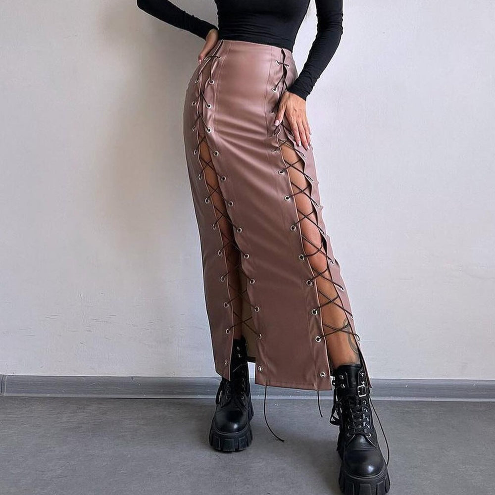 Women Clothing Spring Faux Leather Sexy Solid Color Split Lace up Sheath Slimming Skirt