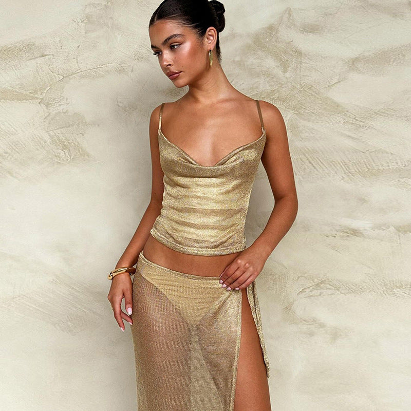 Summer Women Clothing V neck Backless Camisole Sexy See through Split Strap Mid Length Skirt Set