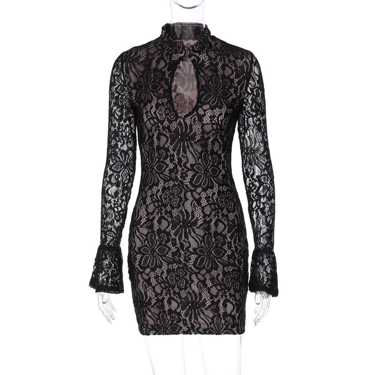 Women Clothing Winter Sexy Lace Cutout Package Hip Flare Sleeve Dress Black