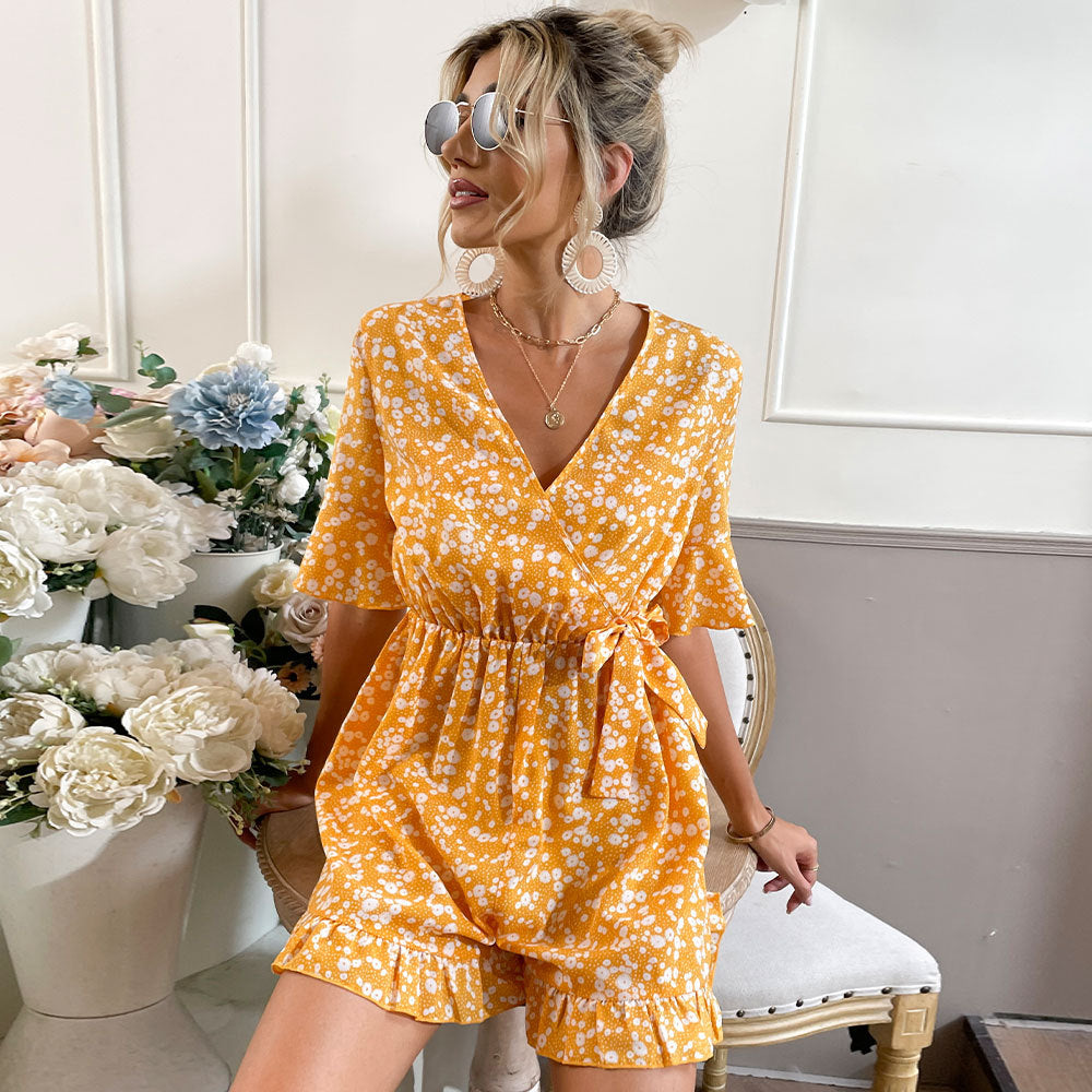 Summer Women Clothing Bell Sleeve V neck Lace up Printed Casual One Piece Women Romper Multi-1