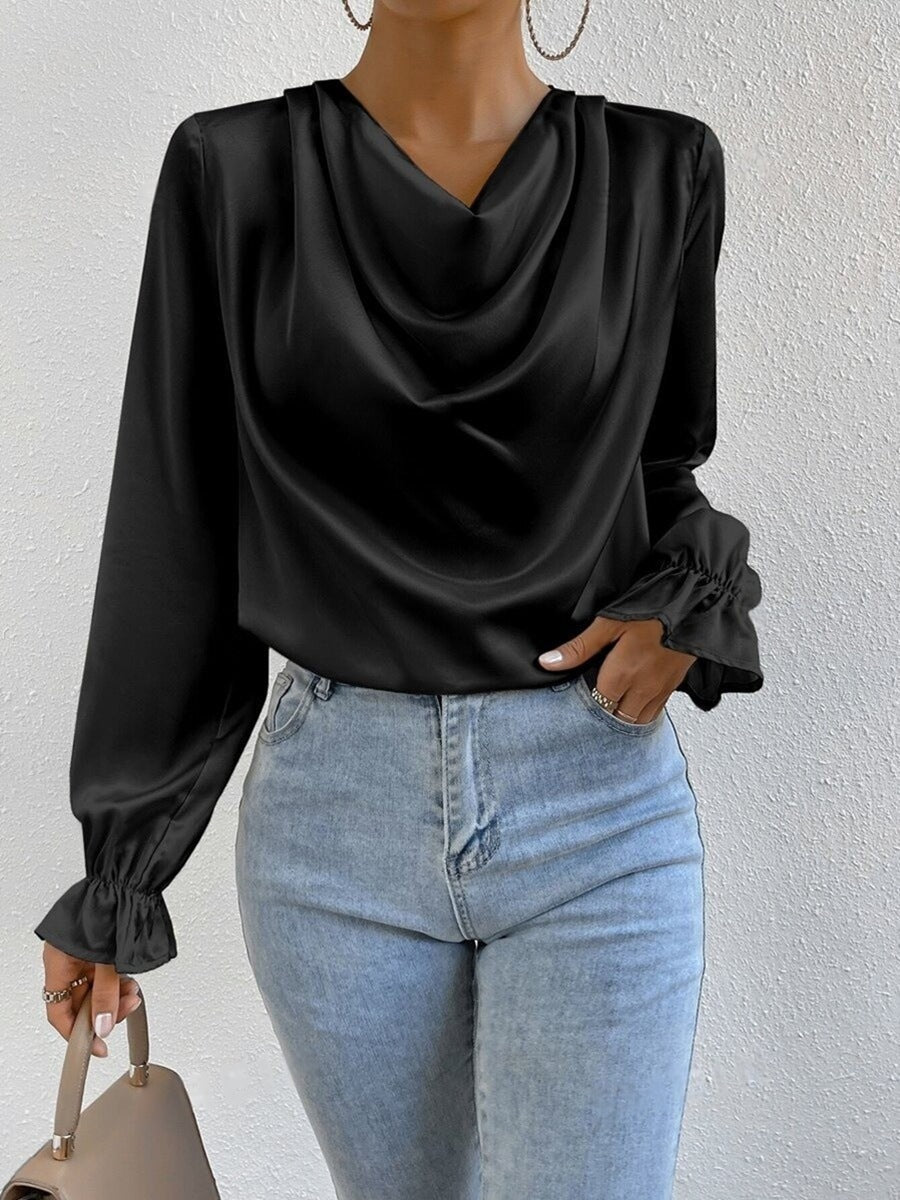 Women Clothing Ruffled Sleeve Satin Shirt Autumn Arrival Long Sleeve Satin Shirt Black