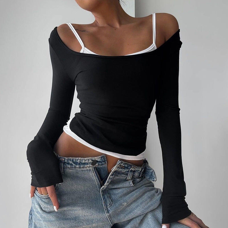 Winter Women Clothing Trend Solid Color Simple Word Collar Slim Fit Crop Top Black