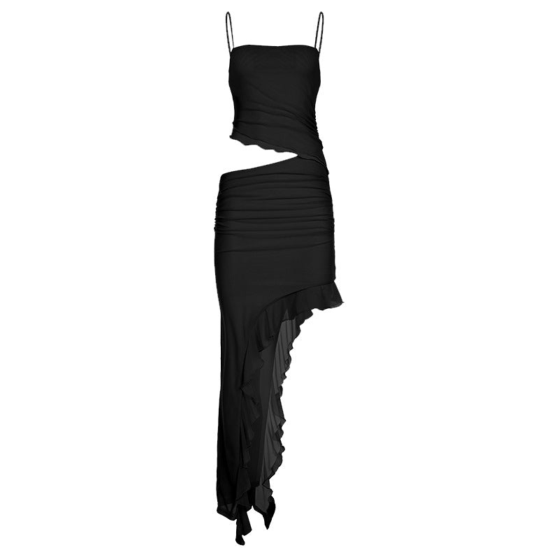 Vacation Women Clothing Cropped Outfit Ruffled Mesh Dress Irregular Asymmetric Solid Color Elegant Graceful Halter Black