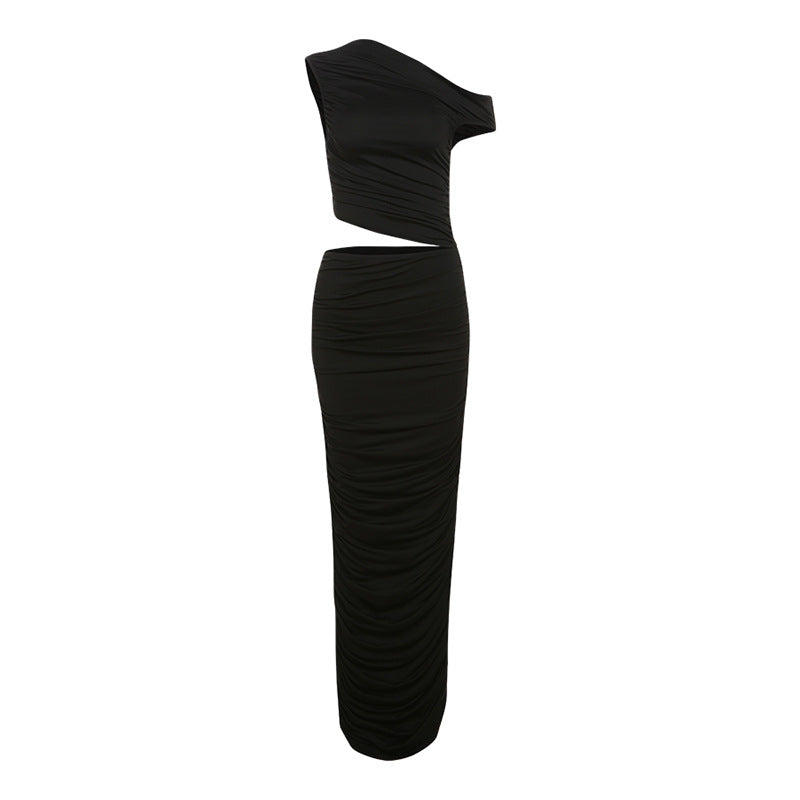 Women Elegant Slightly Mature Solid Color Pleated Slim Fit Oblique Shoulder Sheath Dress Black