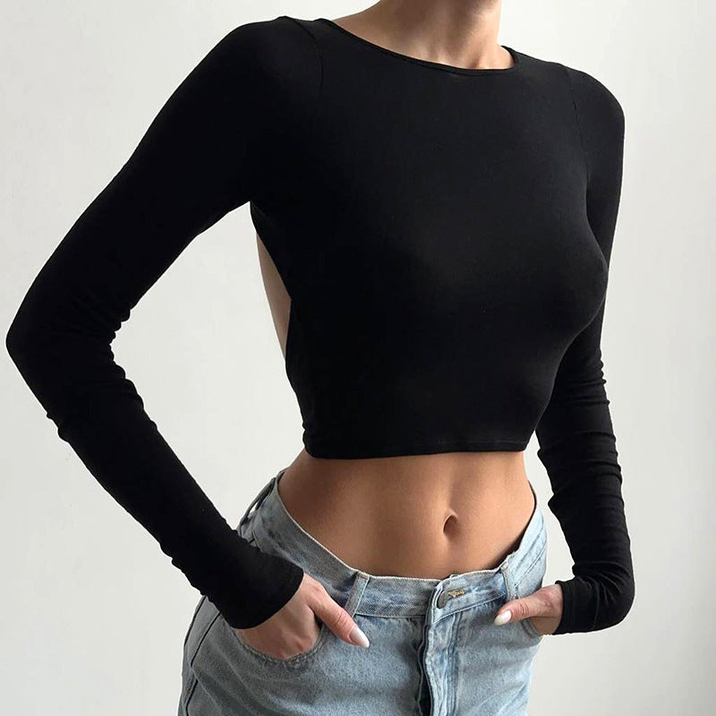 Winter Women Clothing Sexy Solid Color round Neck Long Sleeve Sexy Backless Slim Fit Crop Top