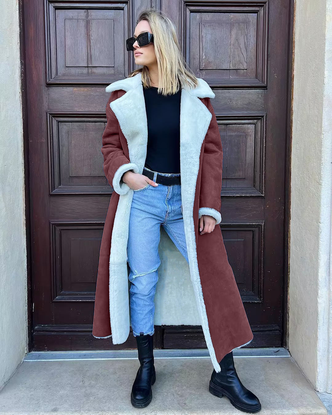 Women Coat Fur Coat Thickened Fleece Winter Lamb Wool Long Burgundy