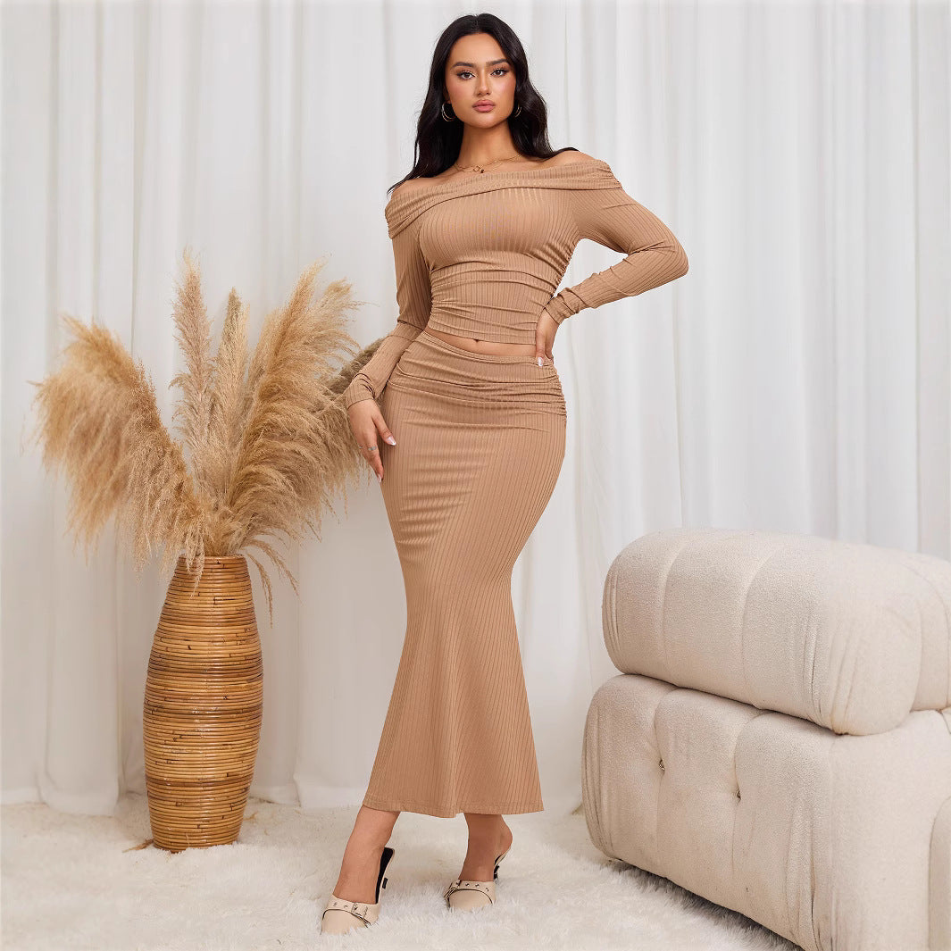 Women Clothing Cold Adult Lady like Woman Autumn Winter off Shoulder Top Sheath Two Piece Set