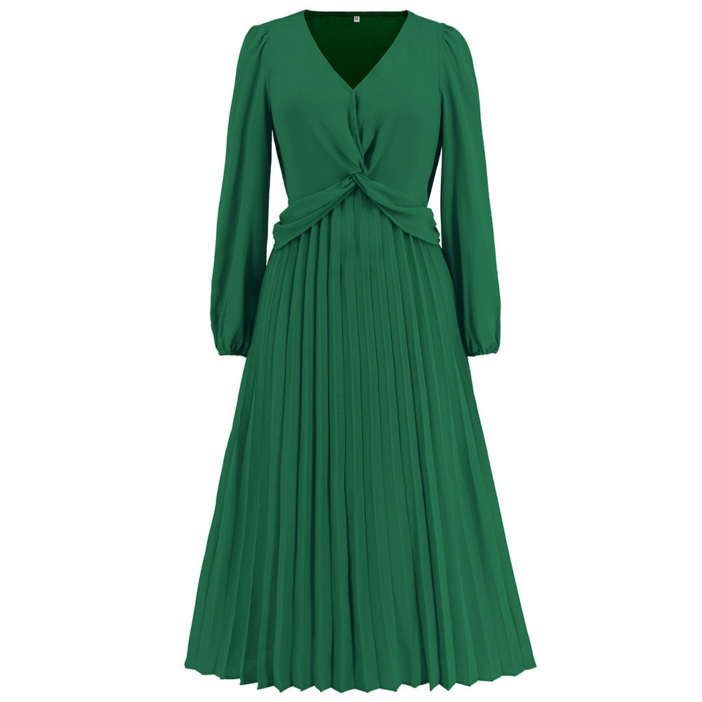 Women Clothing Long Sleeve V Neck Slim Fit Pleated Dress Solid Color Lantern Sleeve Maxi Dress Popular Green