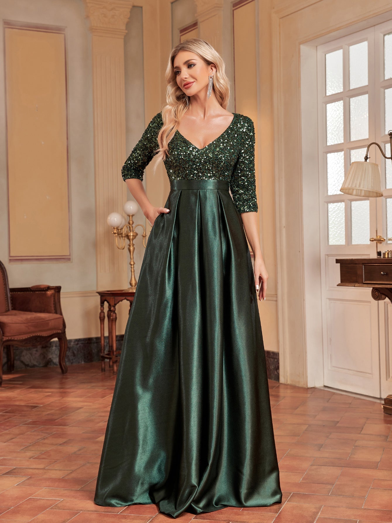 V neck Long Sleeve Sequined Elegant Prom Evening Party Dress blackish green