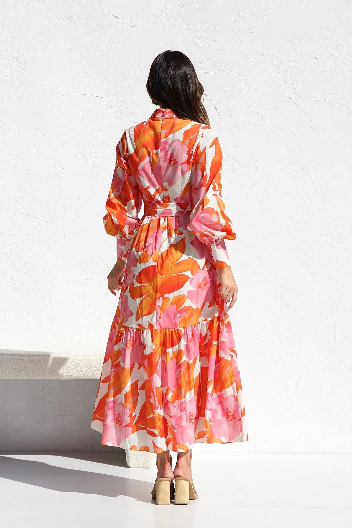 Years Printed Pleated Oversized Swing Waist Lantern Sleeve Maxi Dress