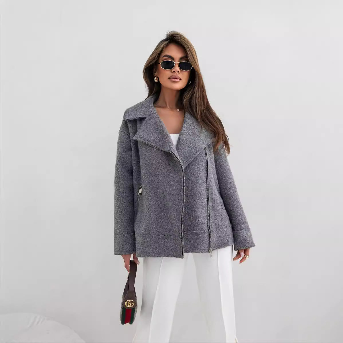 Women Clothing Autumn Winter Collared Woolen Brushed Zipper Coat Gray