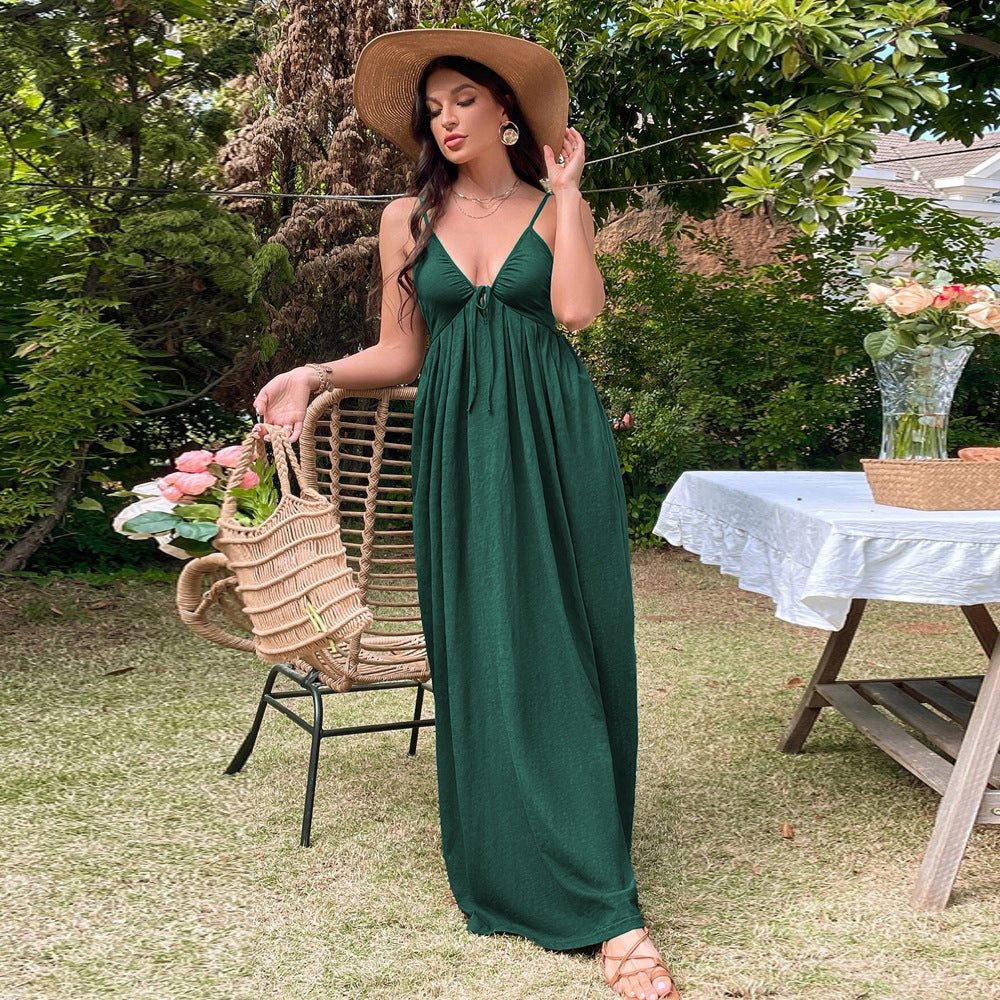 Women Clothing Holiday Beach Dress Sexy Backless Waist Trimming A line Strap Dress blackish green