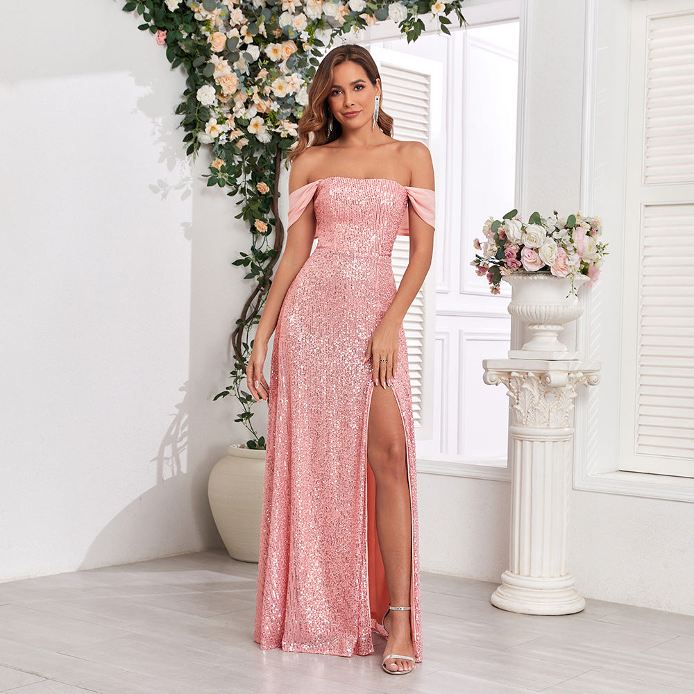 Women Clothing Sequined Dress Sequined Multiple Wear Spaghetti Straps Sleeveless High Slit Sexy Evening Dress