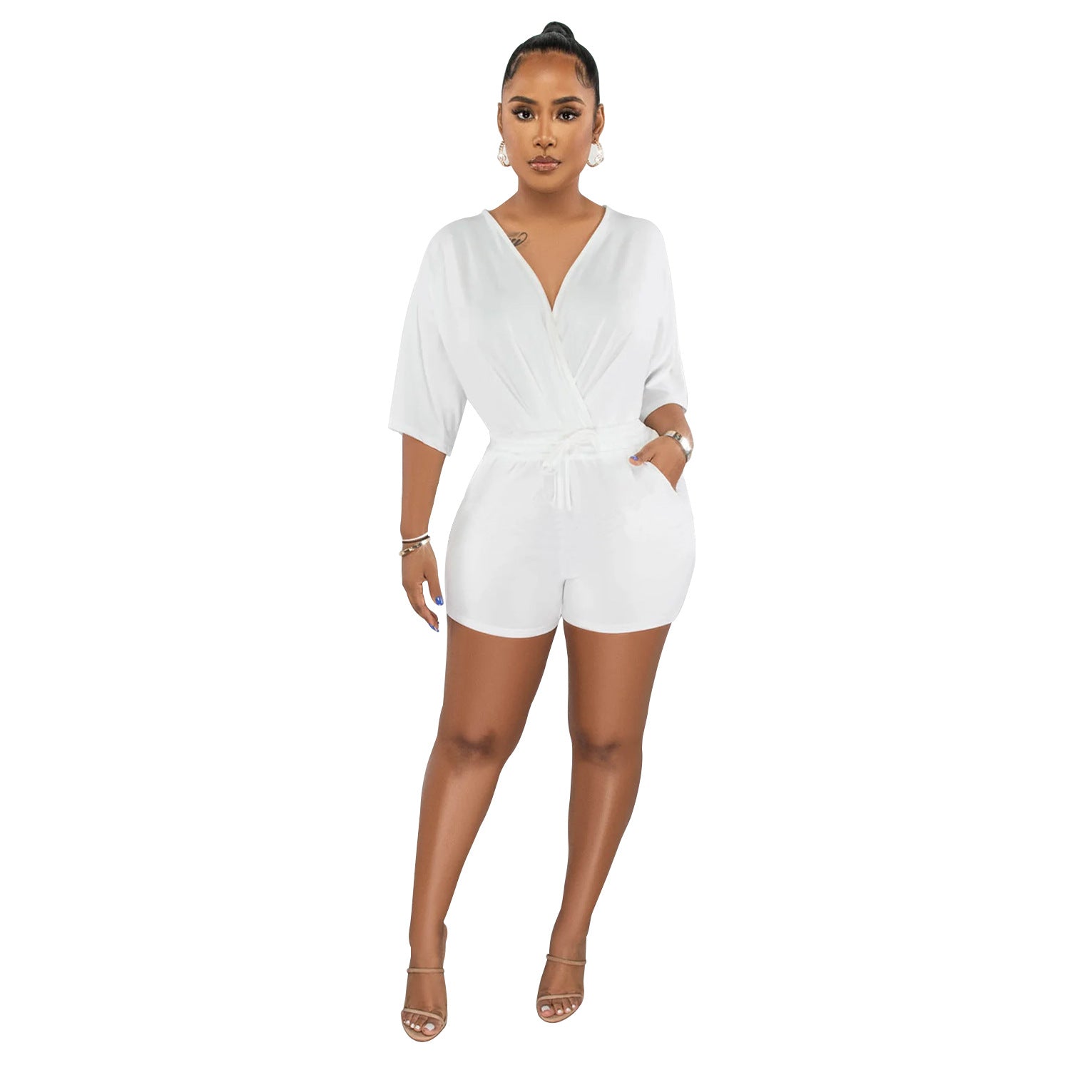 Women Wear Solid Color Tied V Neck Half Sleeves Shorts Jumpsuit Women White