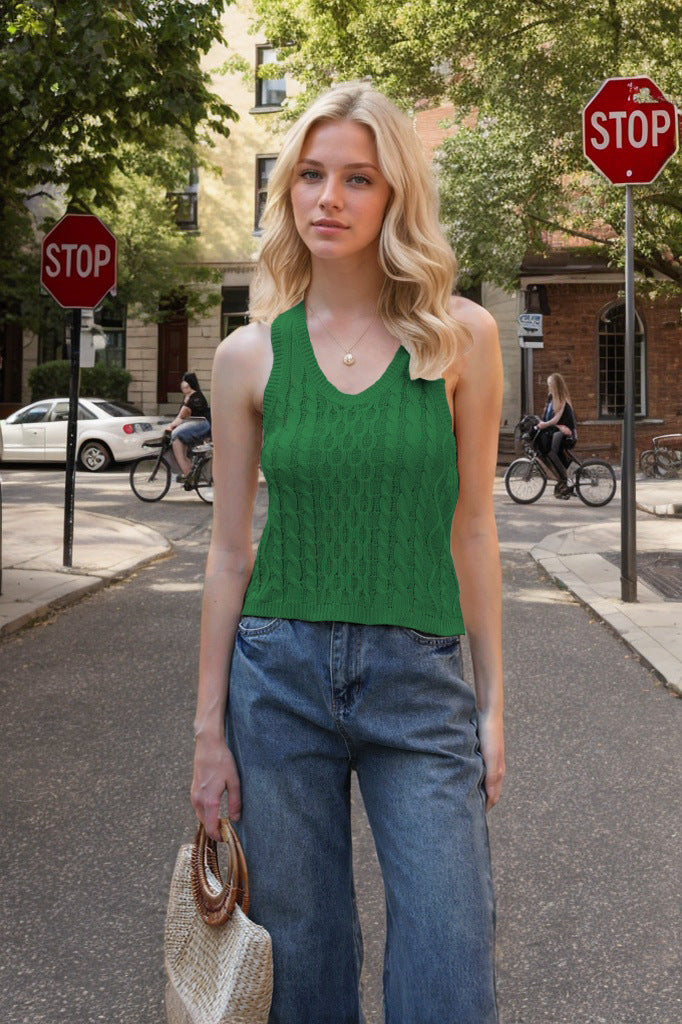 Summer Women Clothing Casual Knitted V neck Solid Color Small Tank Top Green