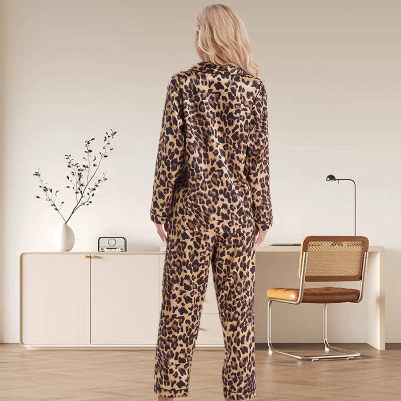 Women Leopard Print Silk Cardigan Trousers Long Sleeve Home Wear Supply Printing Pajamas