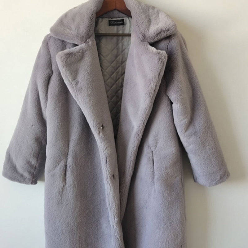 Winter Faux Rabbit Fur Coat Women Lengthened Knee Length Faux Fur Coat Thickened Warm Plush Coat Gray