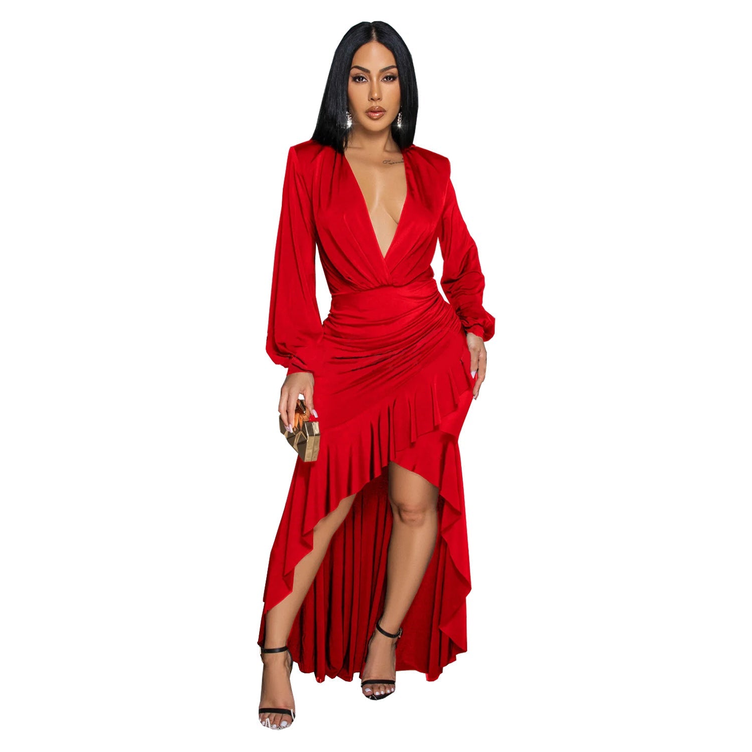 Women Wear Elegant V neck Split Long Sleeve Solid Color Dress Red