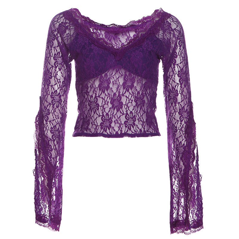 Winter Women lothing Sexy V neck Lace See through Hollow Out Cutout out Long Sleeves Cropped Top for Women Purple