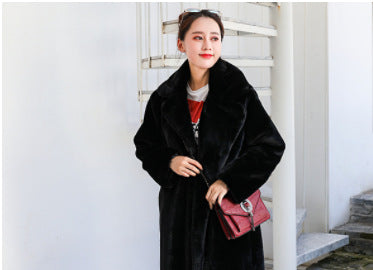 Winter Faux Rabbit Fur Coat Women Lengthened Knee Length Faux Fur Coat Thickened Warm Plush Coat Black