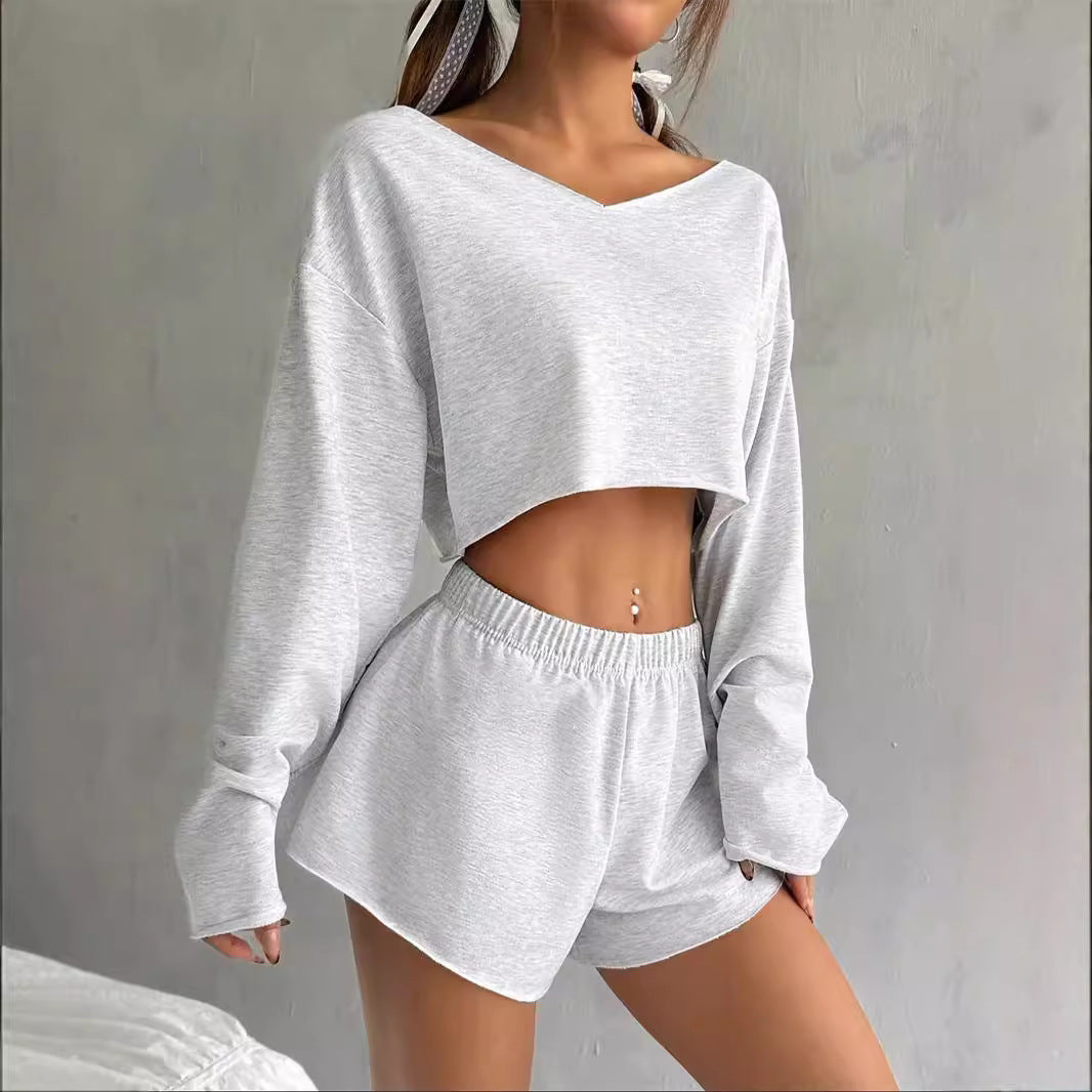 Women Clothing Autumn Winter Women Long Sleeve Blouse Shorts Two Piece Sets