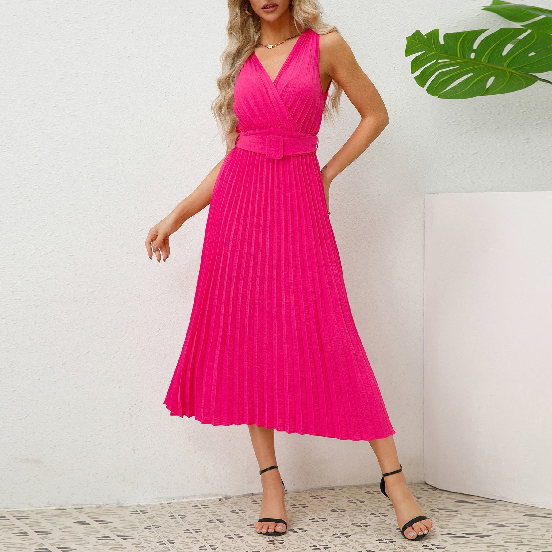 Women Sexy Slim V Neck Pleated Belt Dress Formal Dress Pink