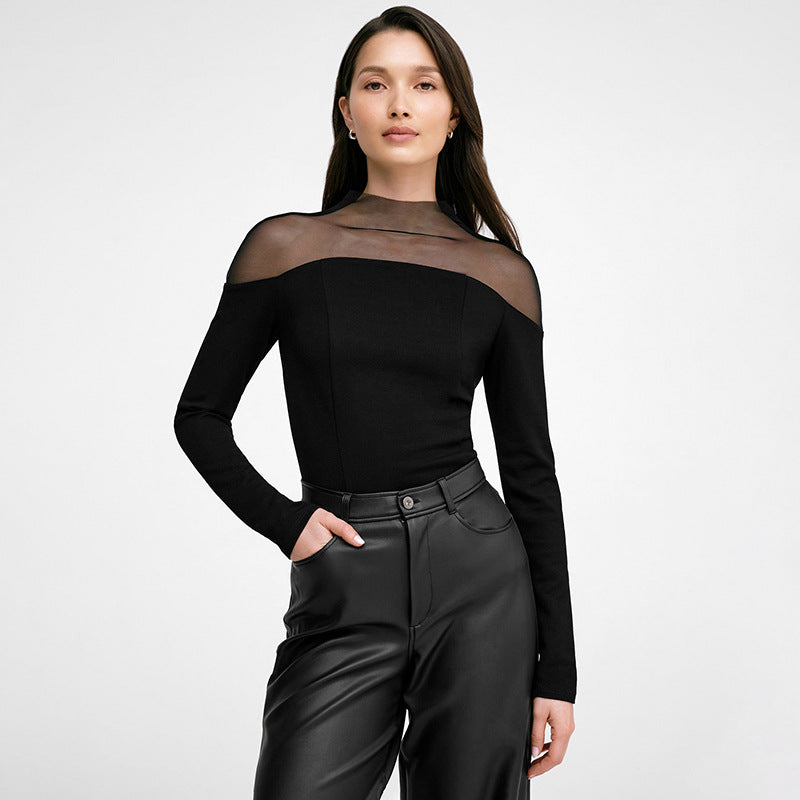 Women Clothing Mesh Stitching Slim Long Sleeve Top Sexy Exposed Skin Base