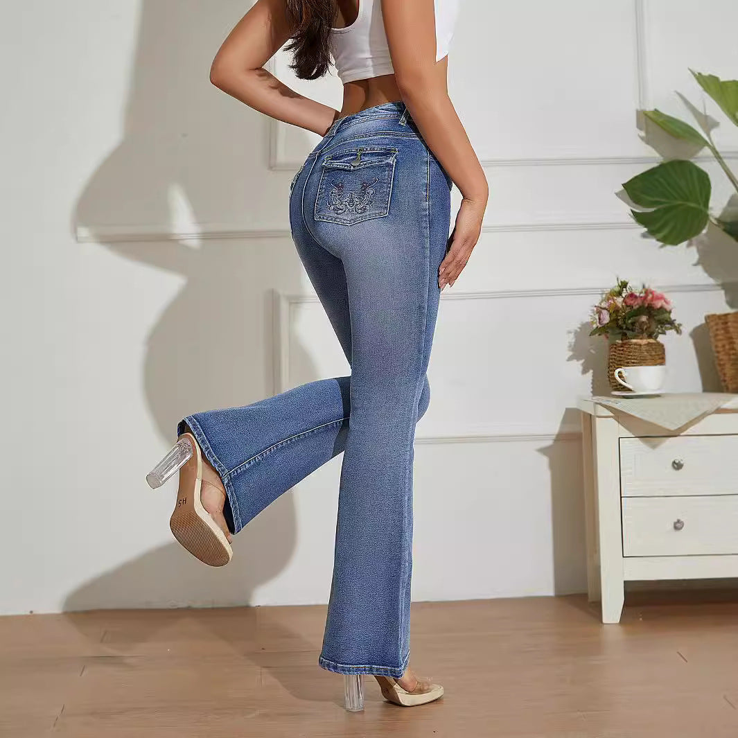 Women Jeans Pocket Embroidery Distressed Bell Bottom Pants Women Pants Trousers