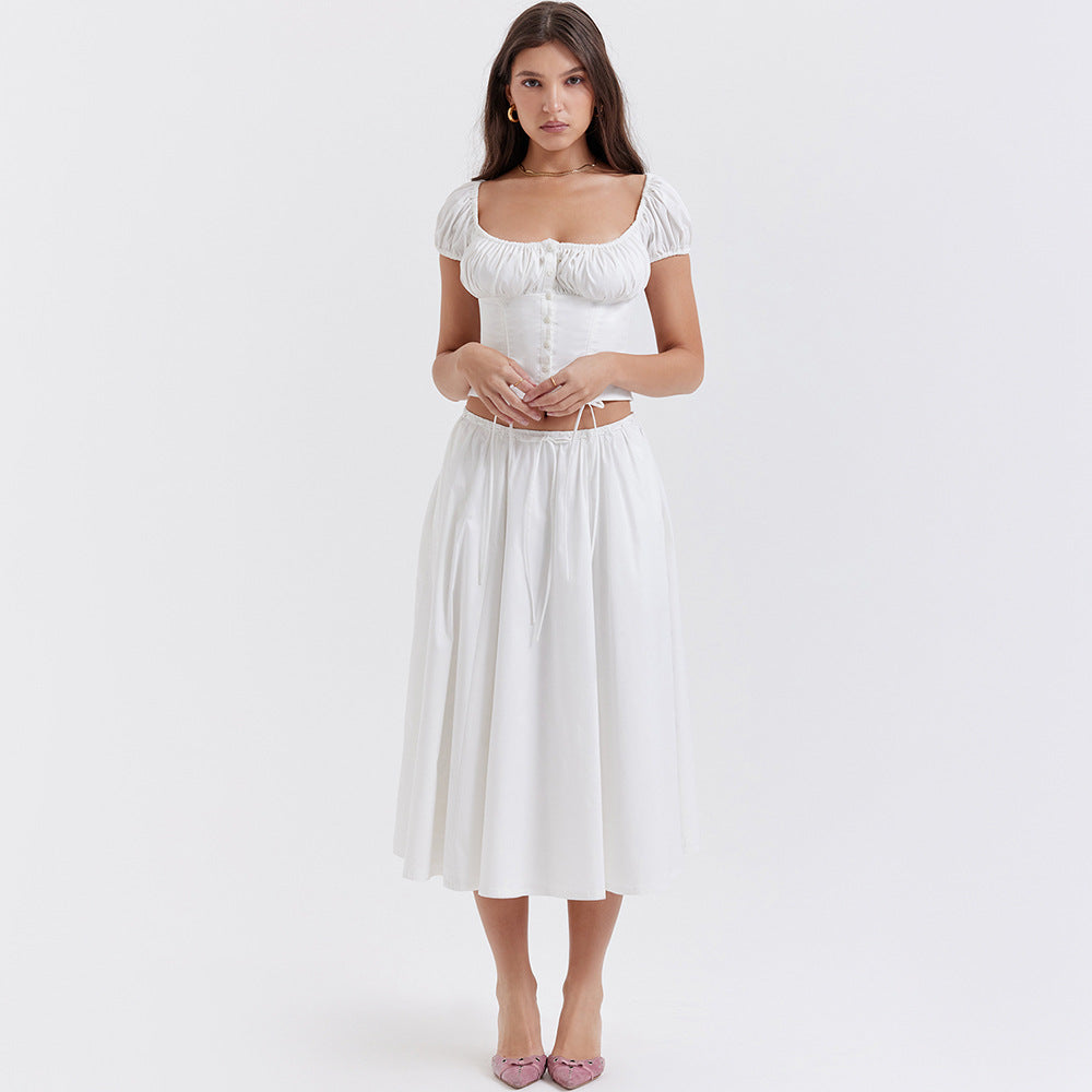 Women Clothing Square Collar Puff Sleeve Short Cropped Top Skirt Sexy Short Sleeve Women Two Piece Set White