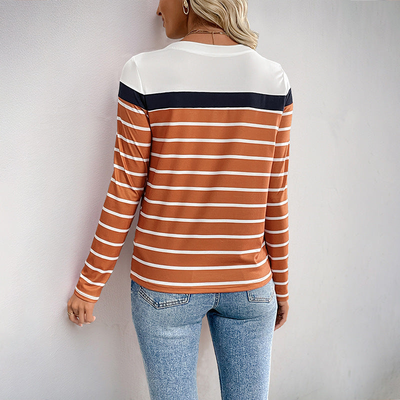 Spring Summer Casual Top Long Sleeve round Neck Striped T shirt for Women