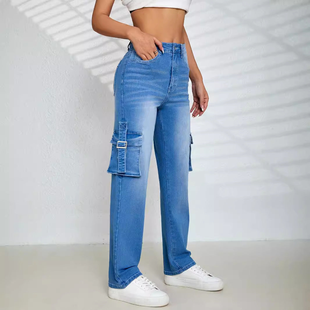 Women Multi Pocket Tooling Stretch Straight Denim Trousers