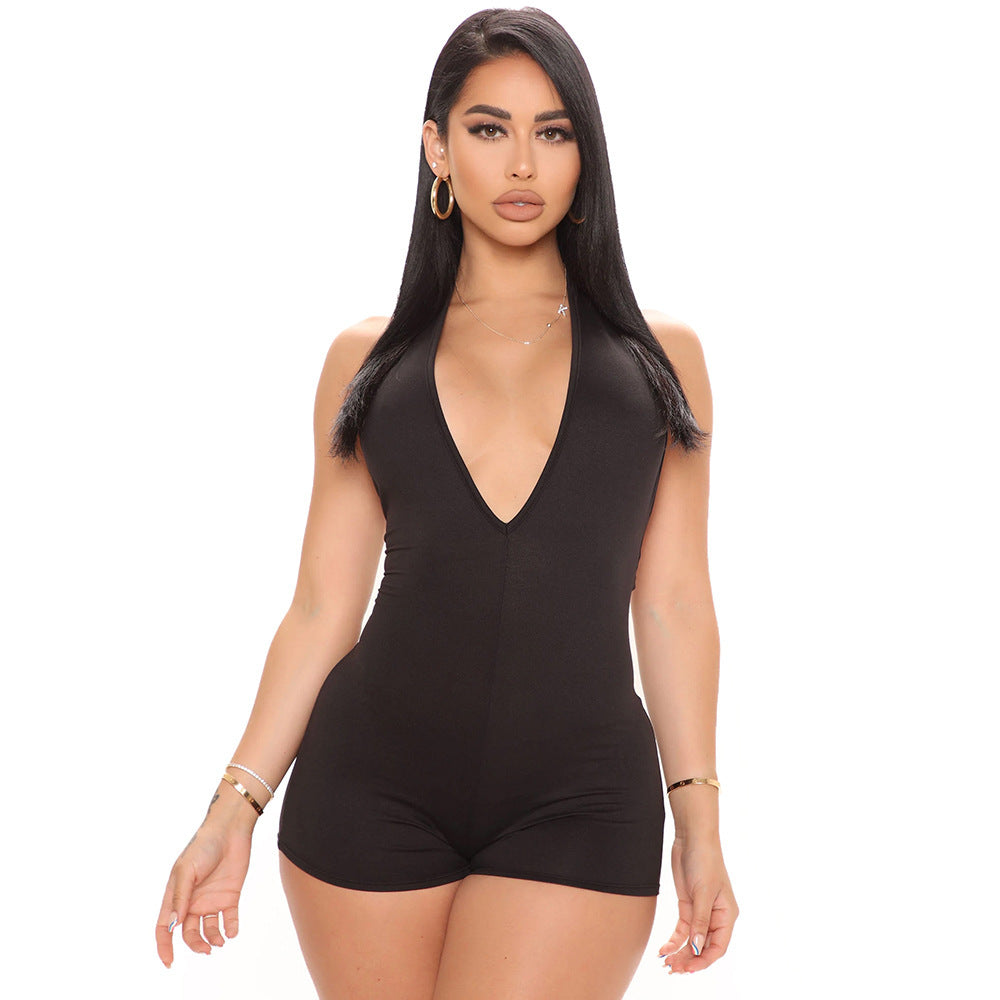 Summer Women Clothing Sexy V neck Tight Halter Backless Jumpsuit Black